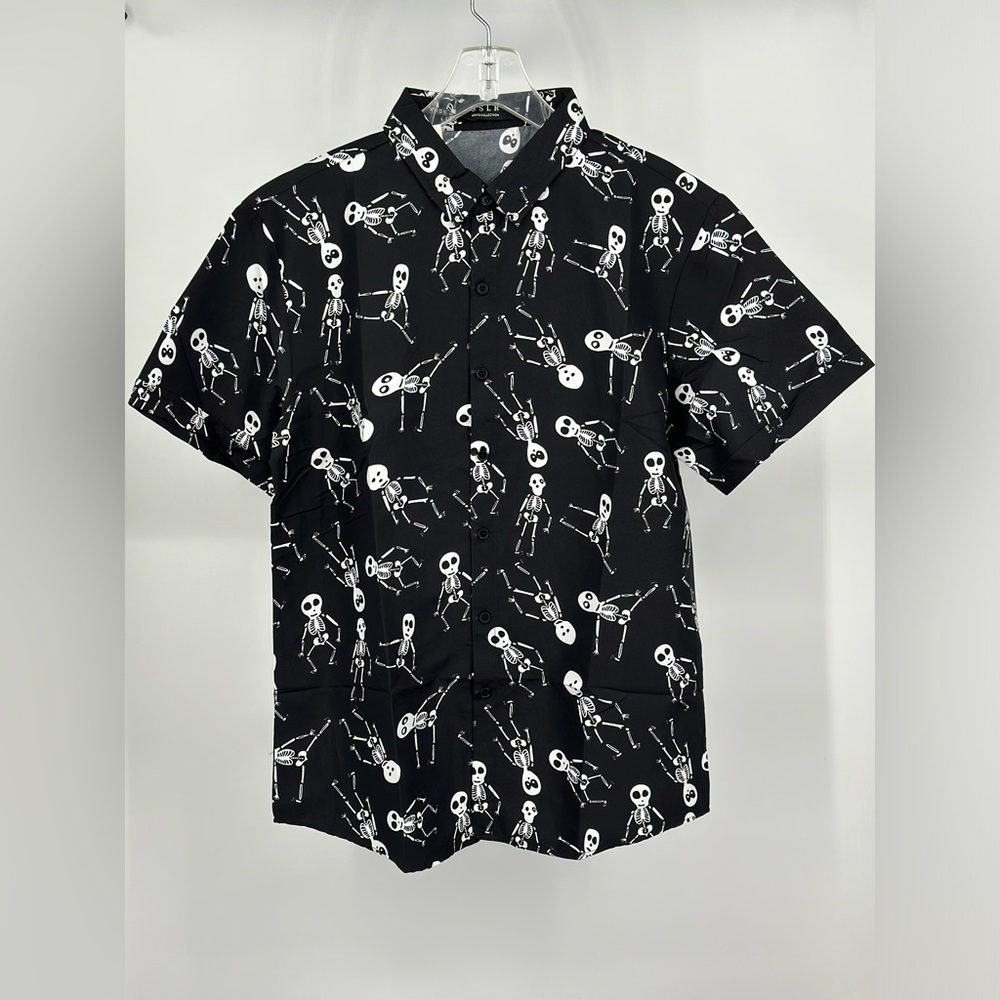 SSLR Skeleton Shirt Button Up Short Sleeve Causal Lightweight
